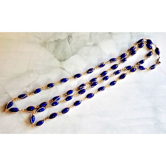 Lapis Lazuli Bead Copper Wire Wrapped Chain Link Long Single Strand Necklace 48" - Picture 7 of 14